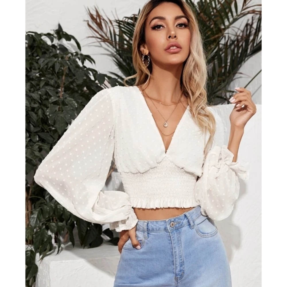Shein Swiss Dot Shirred Crop top White Size XS